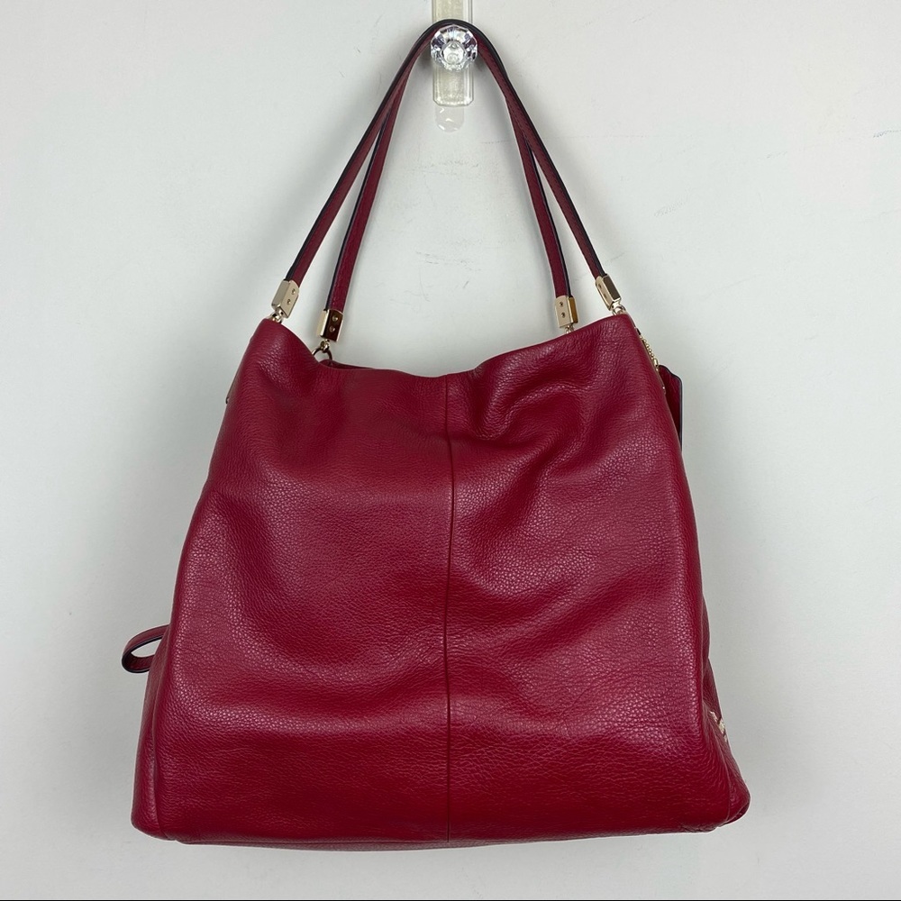 COACH Phoebe Pebbled Red Shoulder Bag with Double Straps AND Gold Hardware